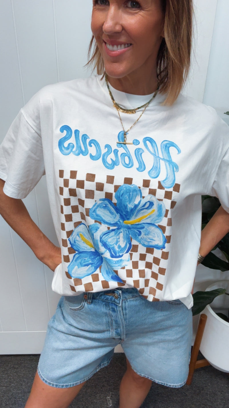 White/Blue Hibiscus T-shirt