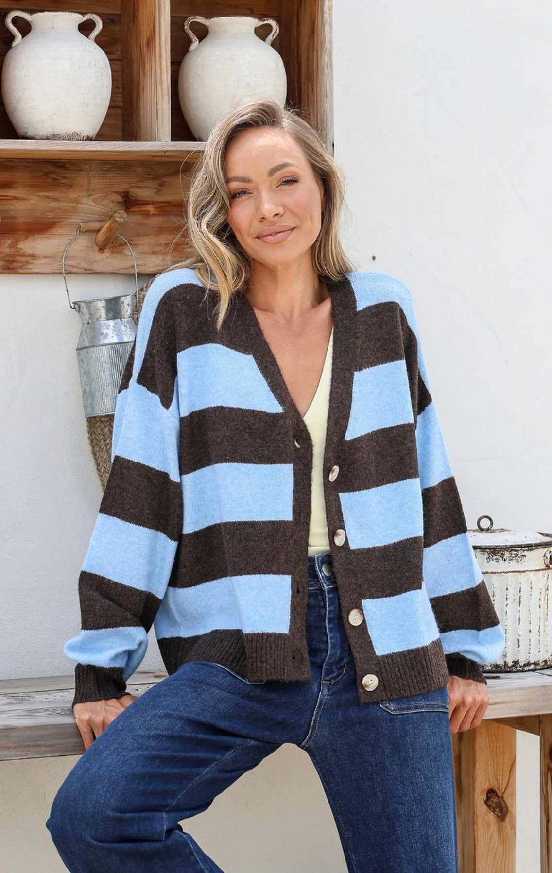 Brady Bunch Cardi - Chocolate/Blue Stripe