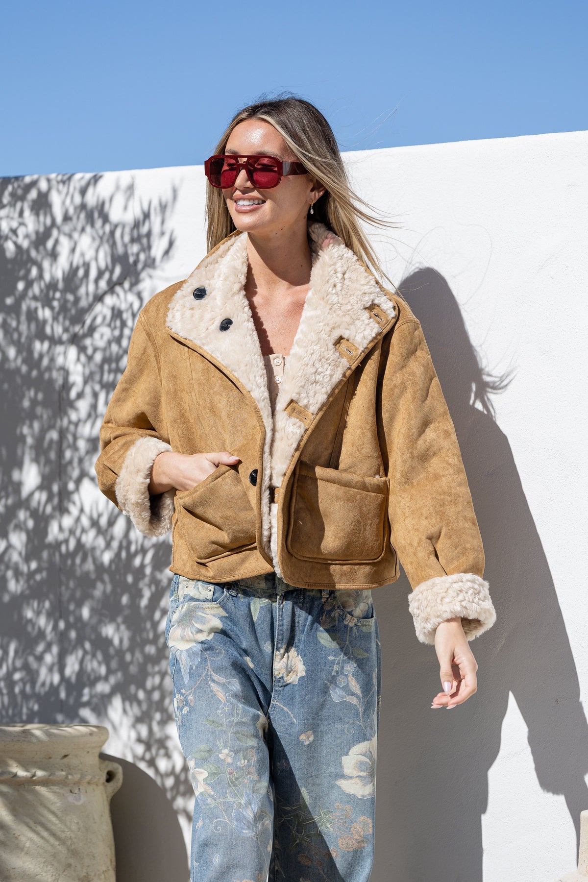 Two Way Reversible Teddy Jacket - Tan/Natural