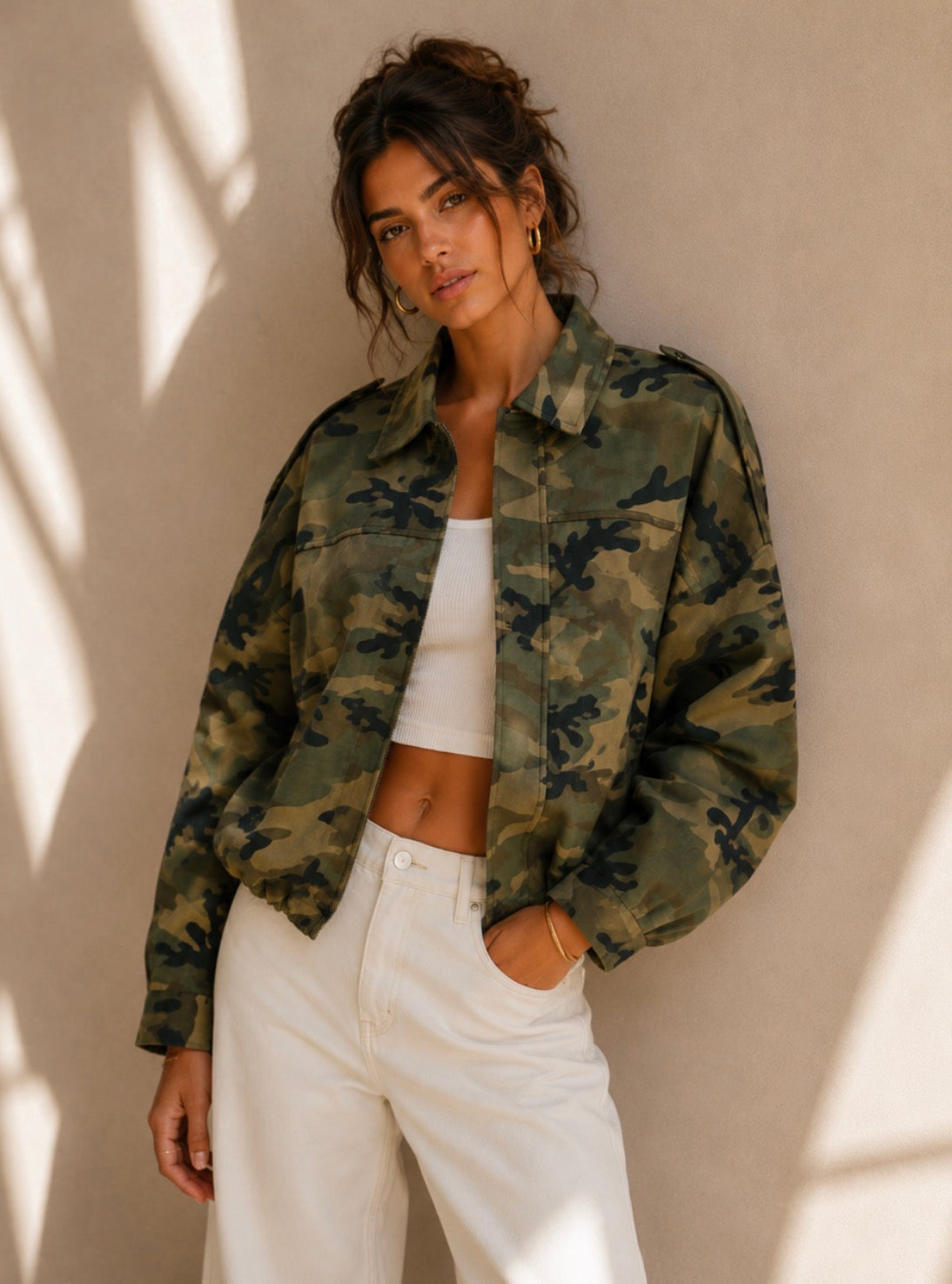 Suede Zip Gather Hem Bomber Jacket - Camo
