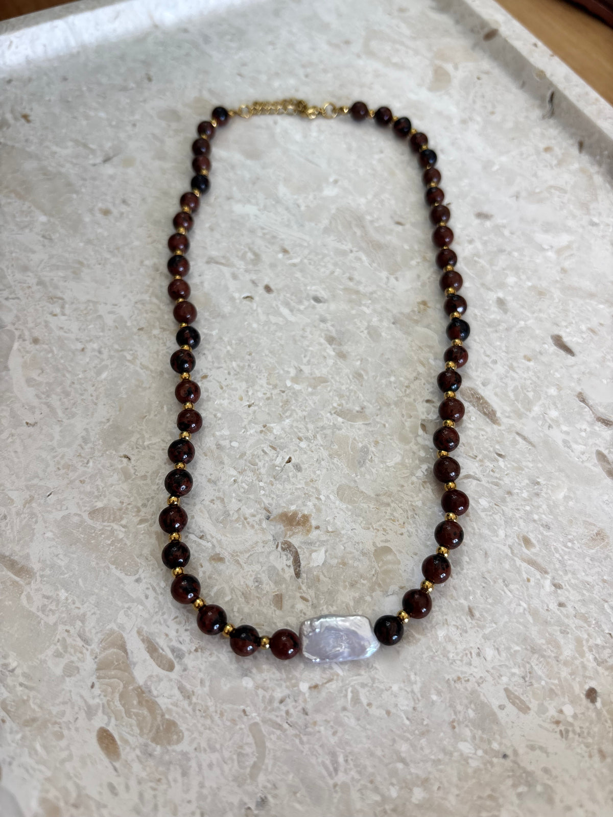 Brown Bead Necklace Gold 6mm