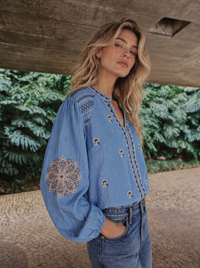 Boho Embroidered Tencel Denim Blouse - Mid Blue