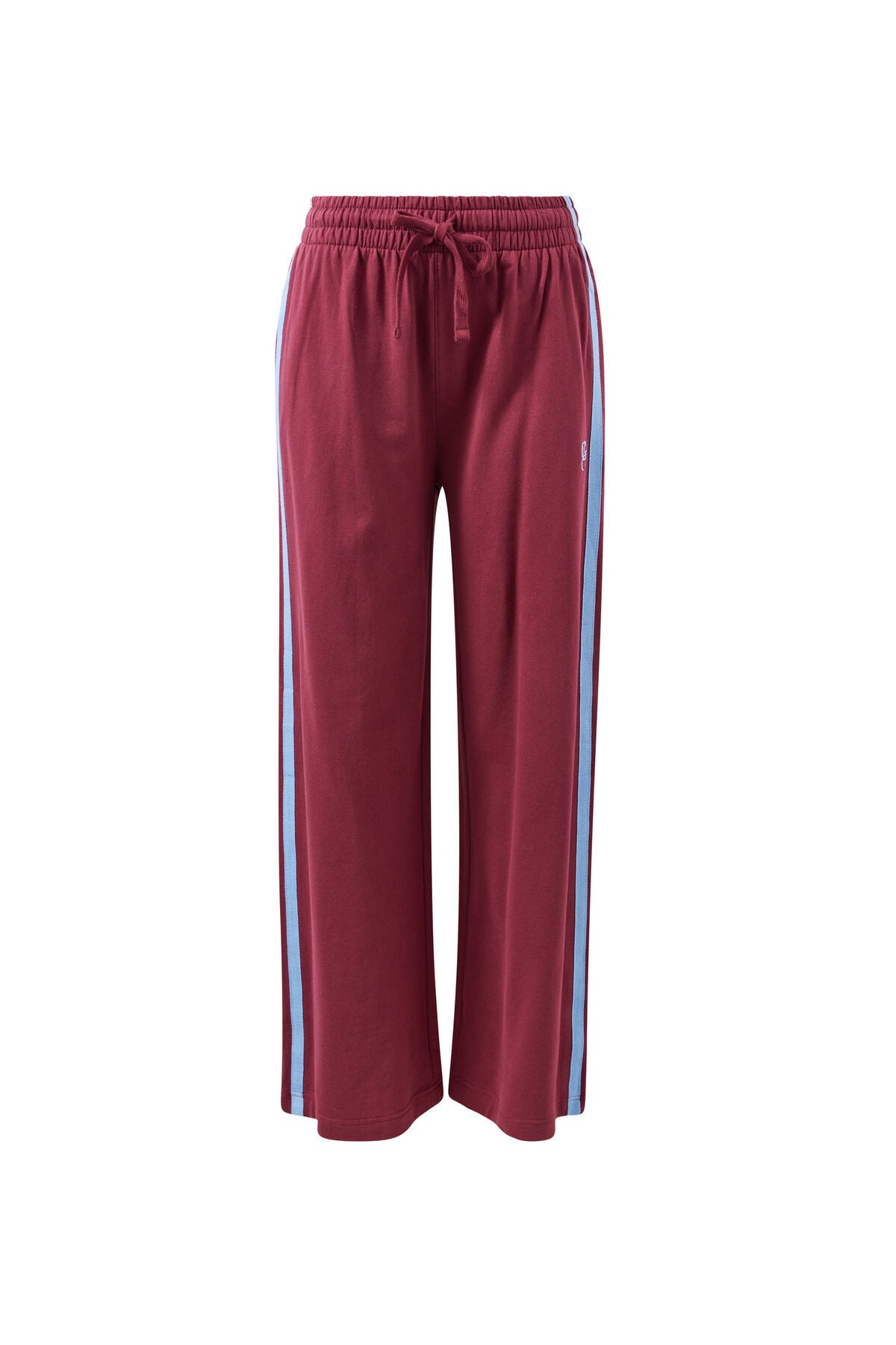 Gigi Wide Leg Terry Trackpant - Washed Burgundy Sky Blue Side Stripe