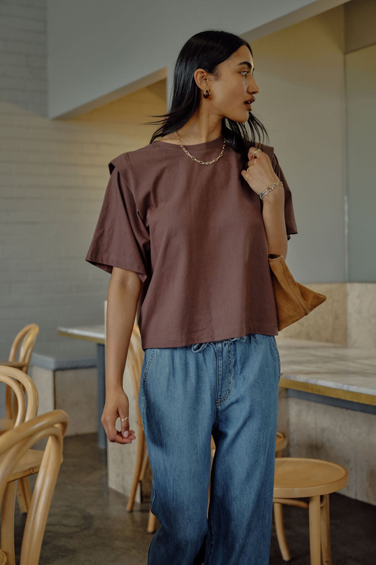 Rainey Pleat Sleeve Tee - Brunette Brown