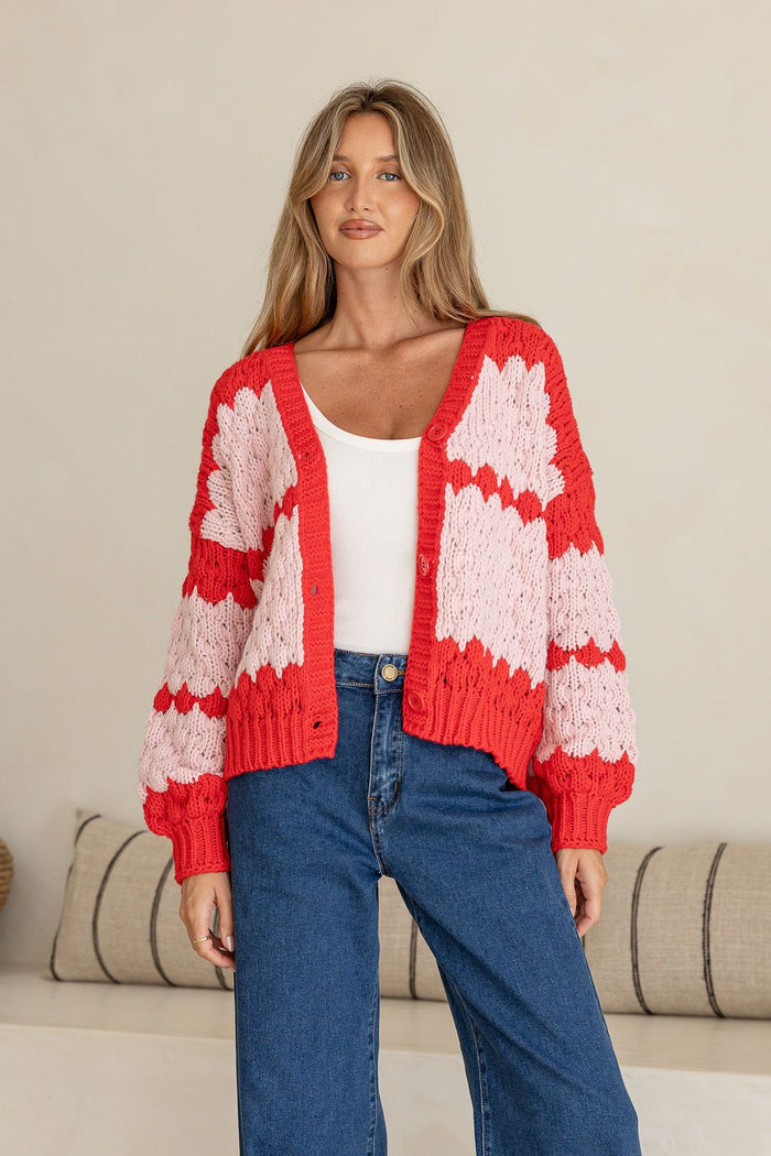 Chunky Horizon Cardi - Pink/Red