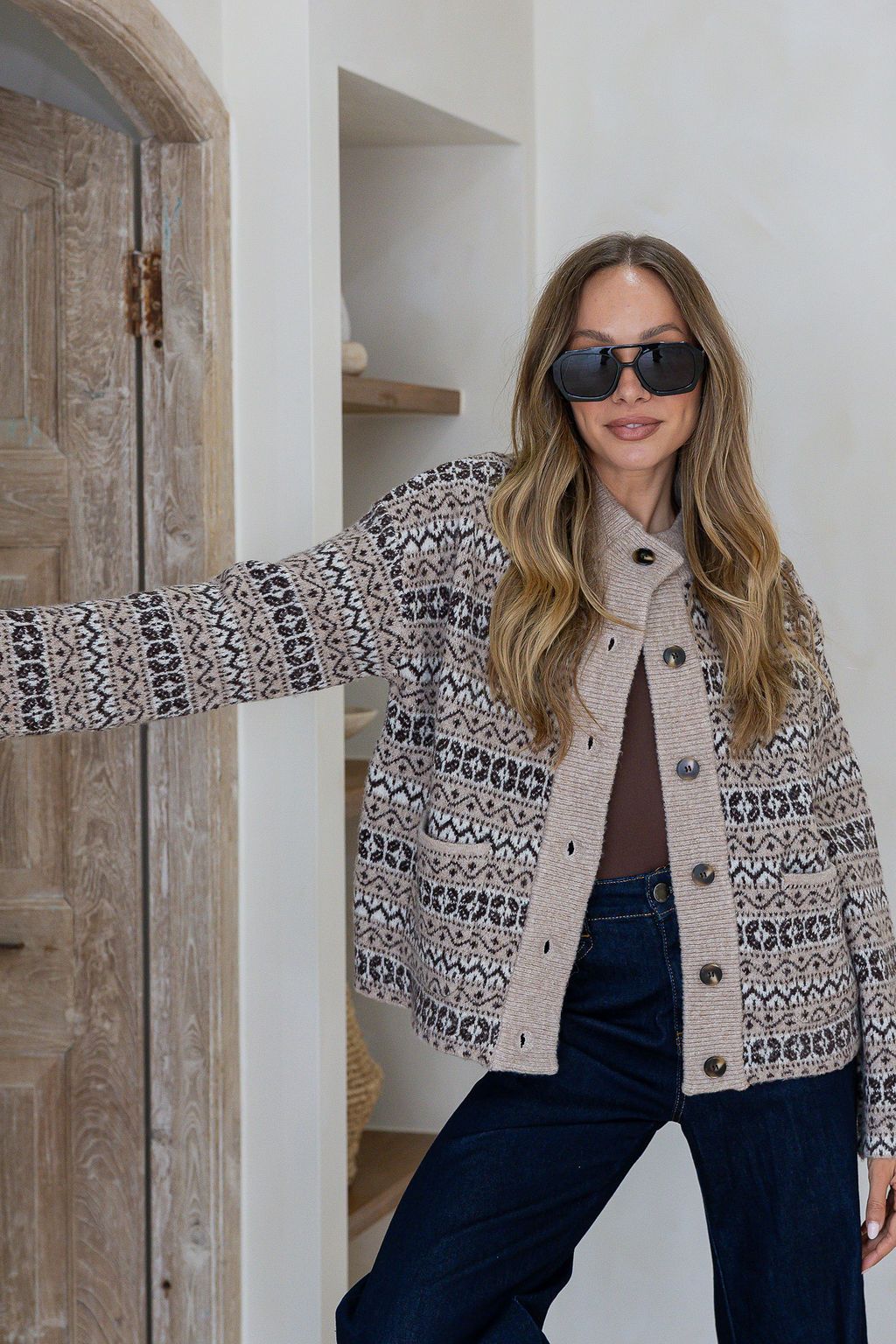 Fair Isle Funnel Neck Cardi - Warm Beige