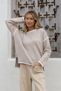 Contrast Trim Side Split Knit -Latte