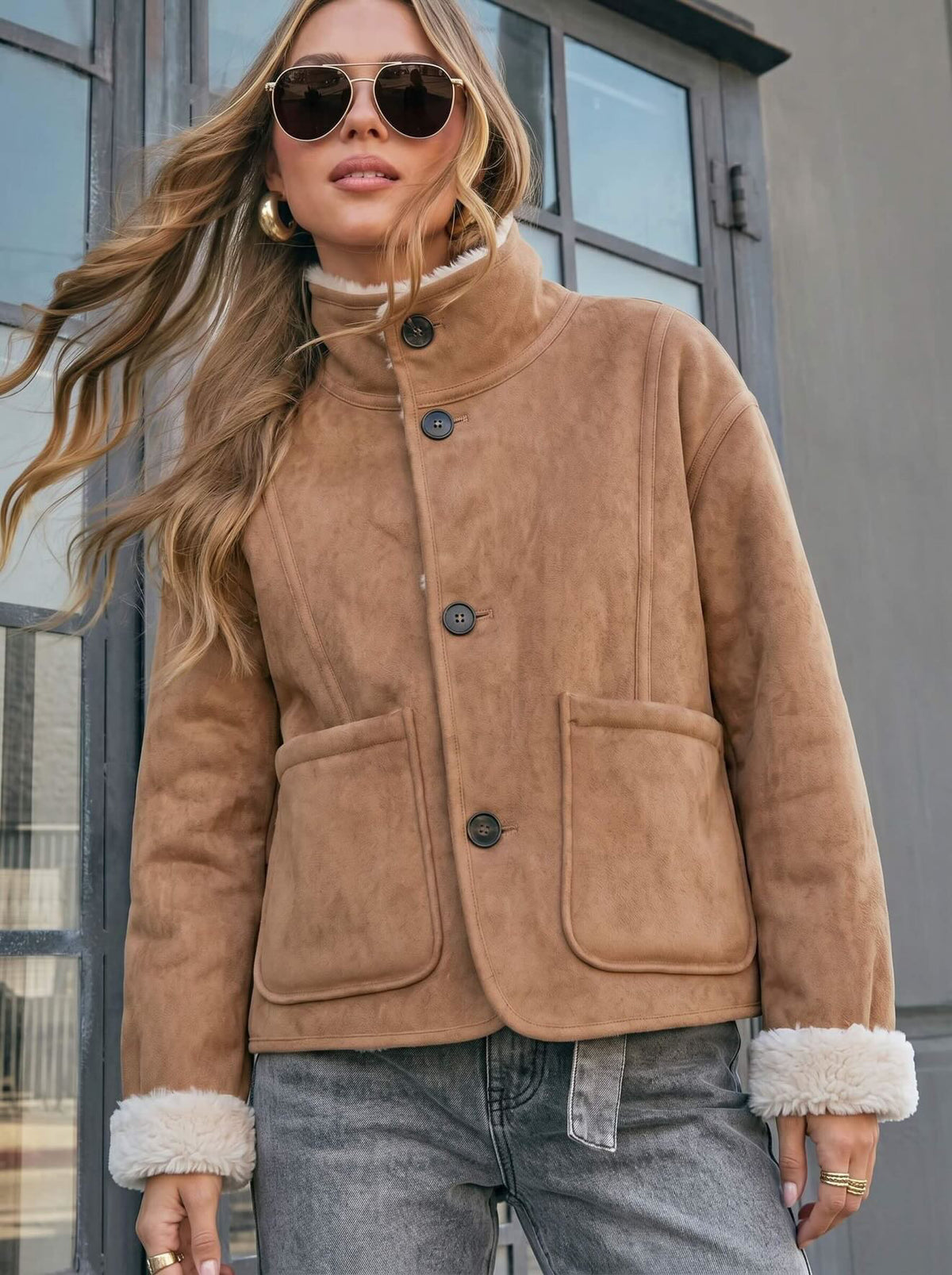 Two Way Reversible Teddy Jacket - Tan/Natural