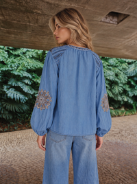 Boho Embroidered Tencel Denim Blouse - Mid Blue