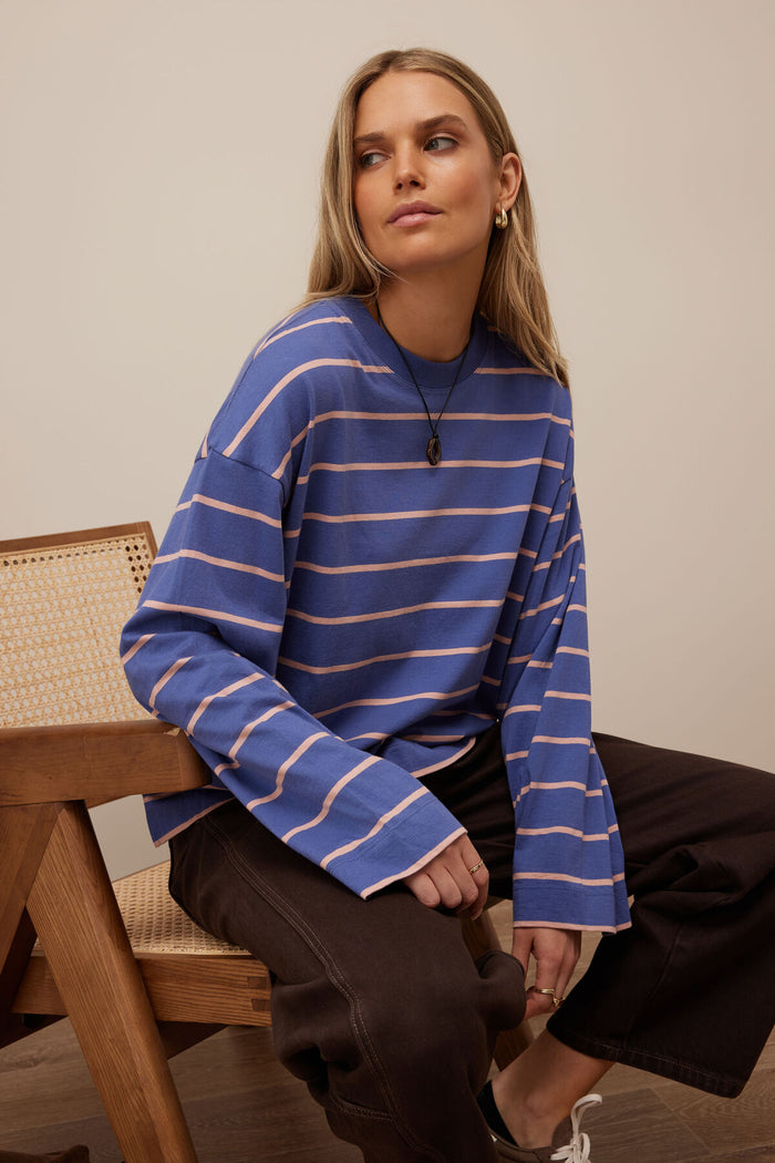 Beau Long Sleeve Slouchy Tee - Washed Navy/Pink Clay