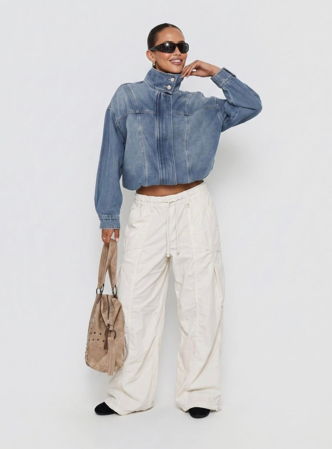 Denim Funnel Neck Bomber Jacket - Mid Wash