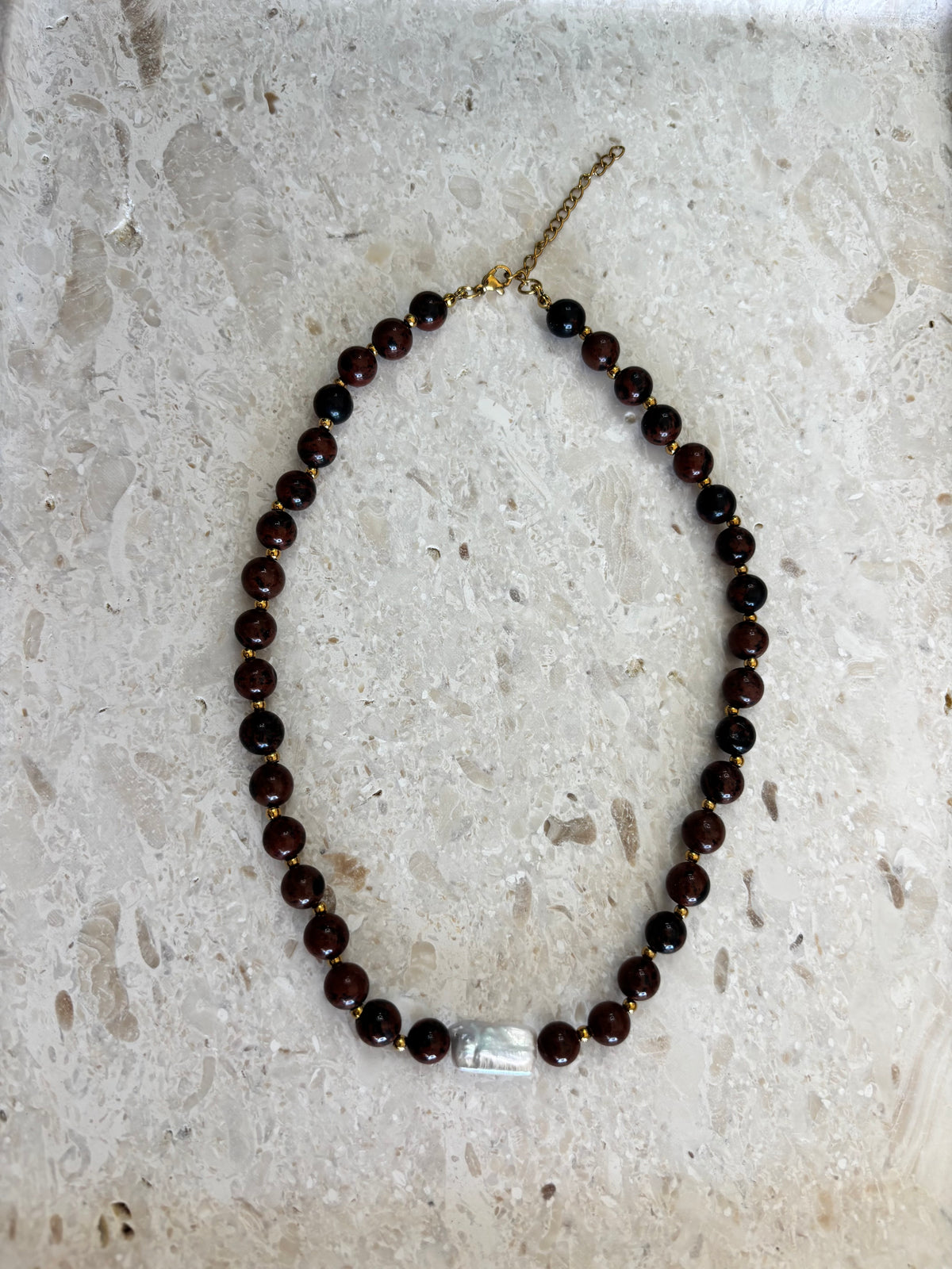 Brown Beaded Necklace Gold 8mm