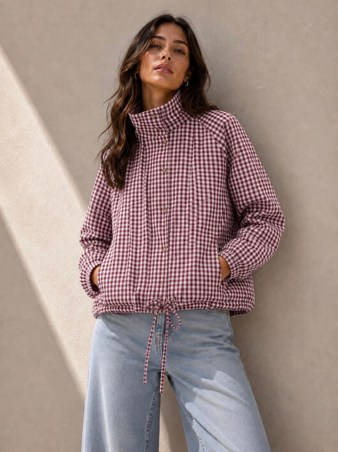 Button-Through Drawstring Gingham Jacket - Red/White