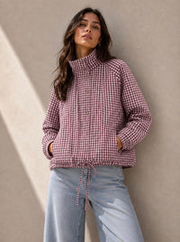 Button-Through Drawstring Gingham Jacket - Red/White