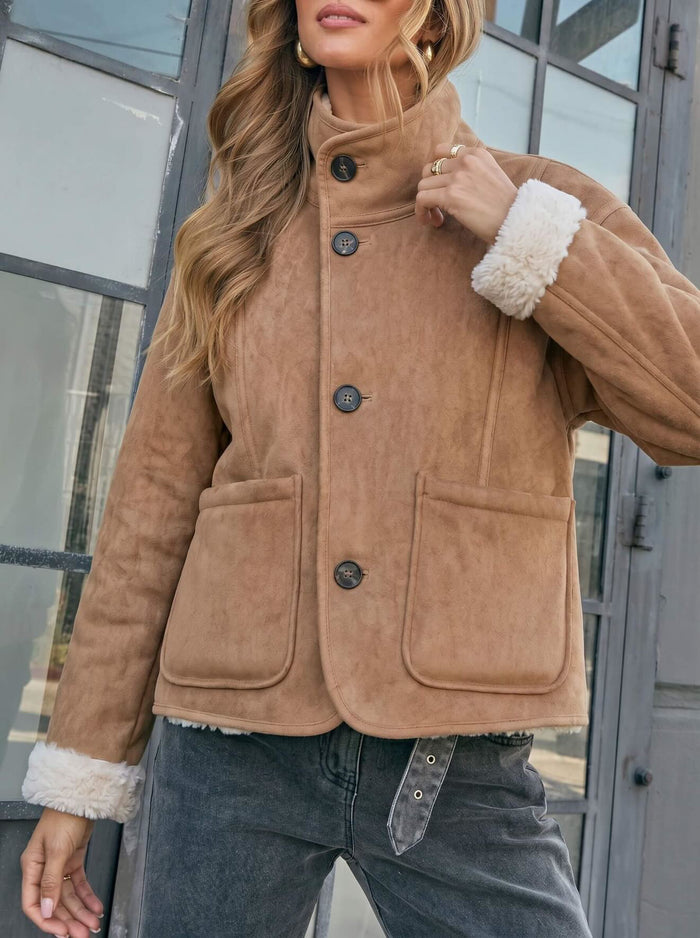 Two Way Reversible Teddy Jacket - Tan/Natural