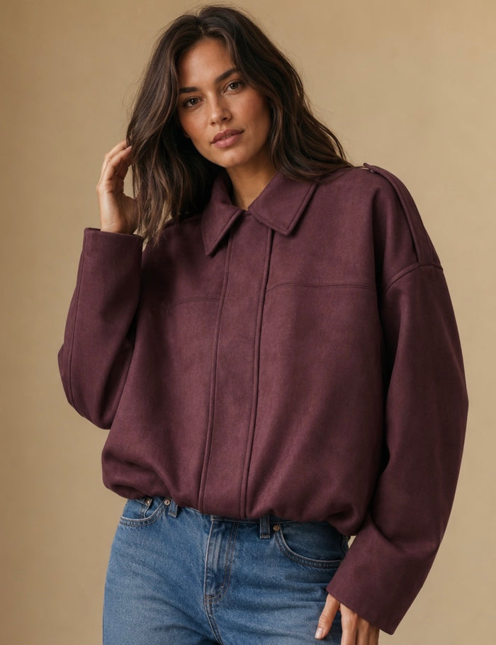 Suede Zip Gather Hem Bomber Jacket - Wine