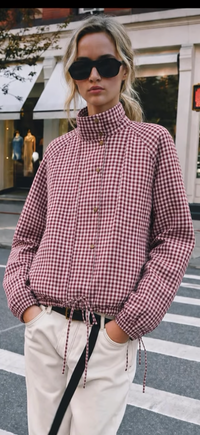 Button-Through Drawstring Gingham Jacket - Red/White