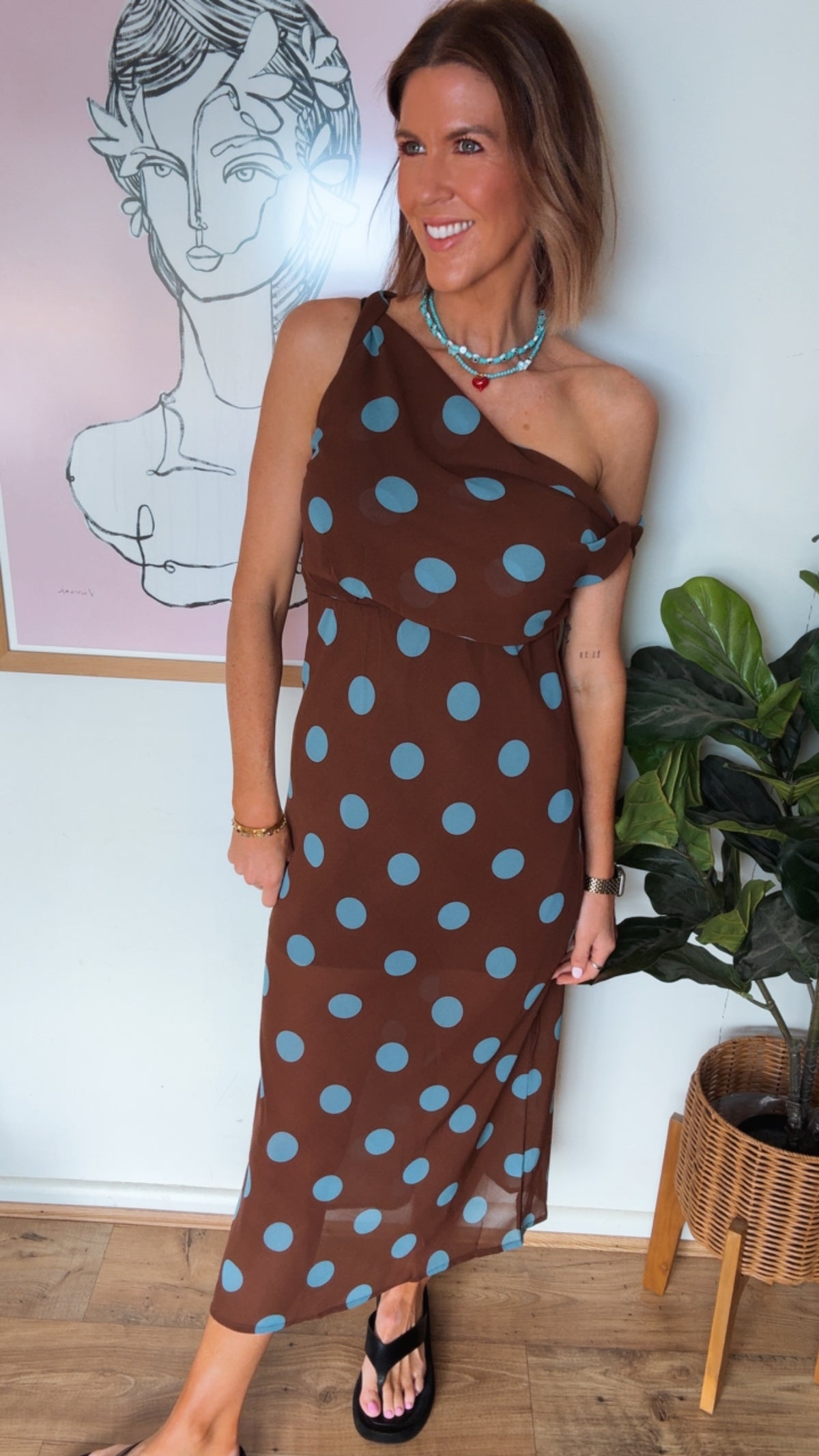 Chocolate/Blue Polka Dot Off Shoulder Maxi