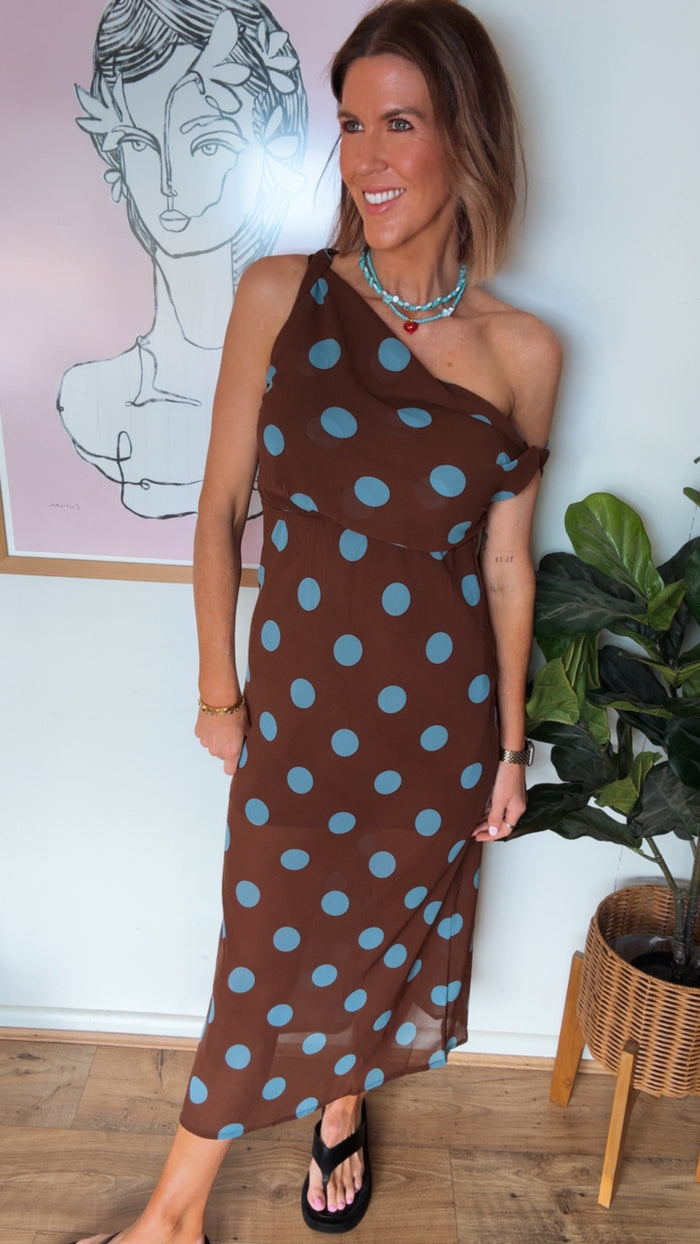 Chocolate/Blue Polka Dot Off Shoulder Maxi
