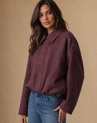 Suede Zip Gather Hem Bomber Jacket - Wine