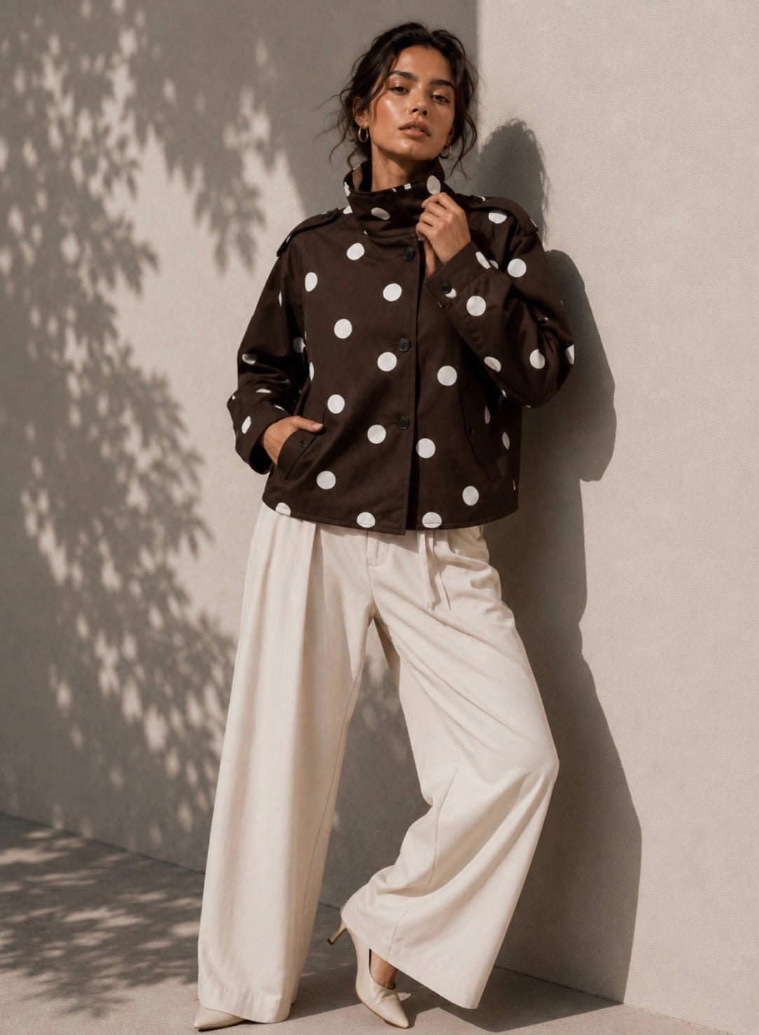 Funnel Neck Polka Dot Jacket – Brown/White