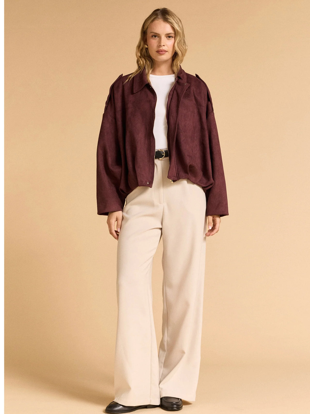 Faux Suede Bomber Jacket – Merlot