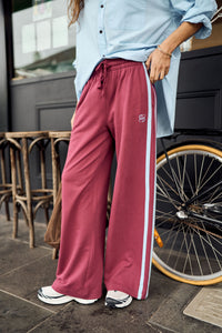 Gigi Wide Leg Terry Trackpant - Washed Burgundy Sky Blue Side Stripe