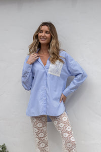 Lace Detail Shirt - Blue/White Stripe