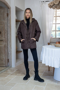 Quilted Drawstring Hooded Anorak - Chocolate