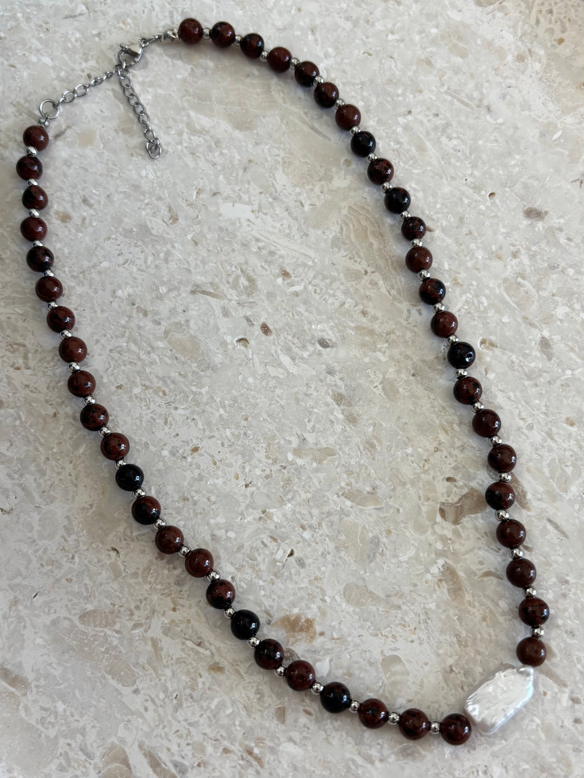 Brown Beaded Necklace Silver 6mm
