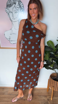 Chocolate/Blue Polka Dot Off Shoulder Maxi