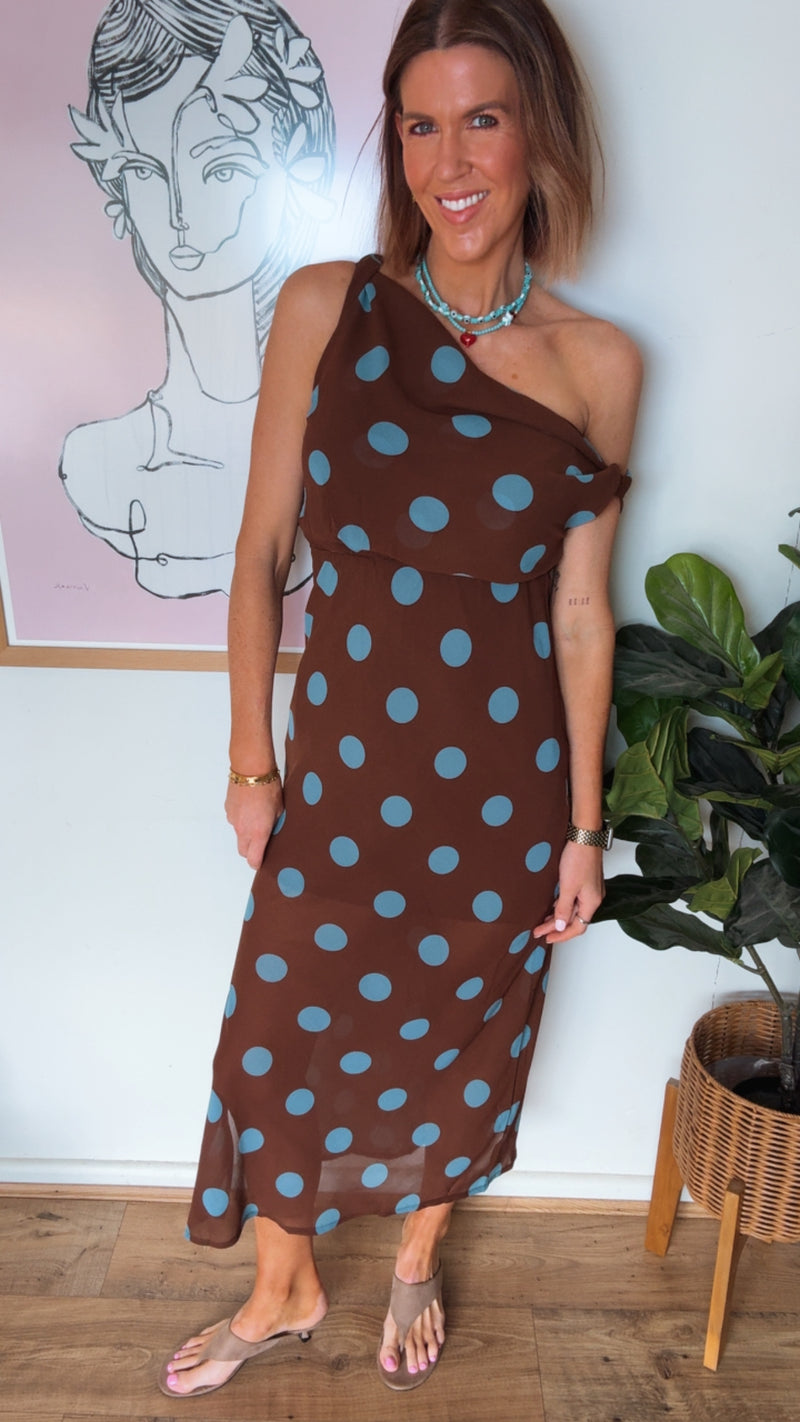 Chocolate/Blue Polka Dot Off Shoulder Maxi
