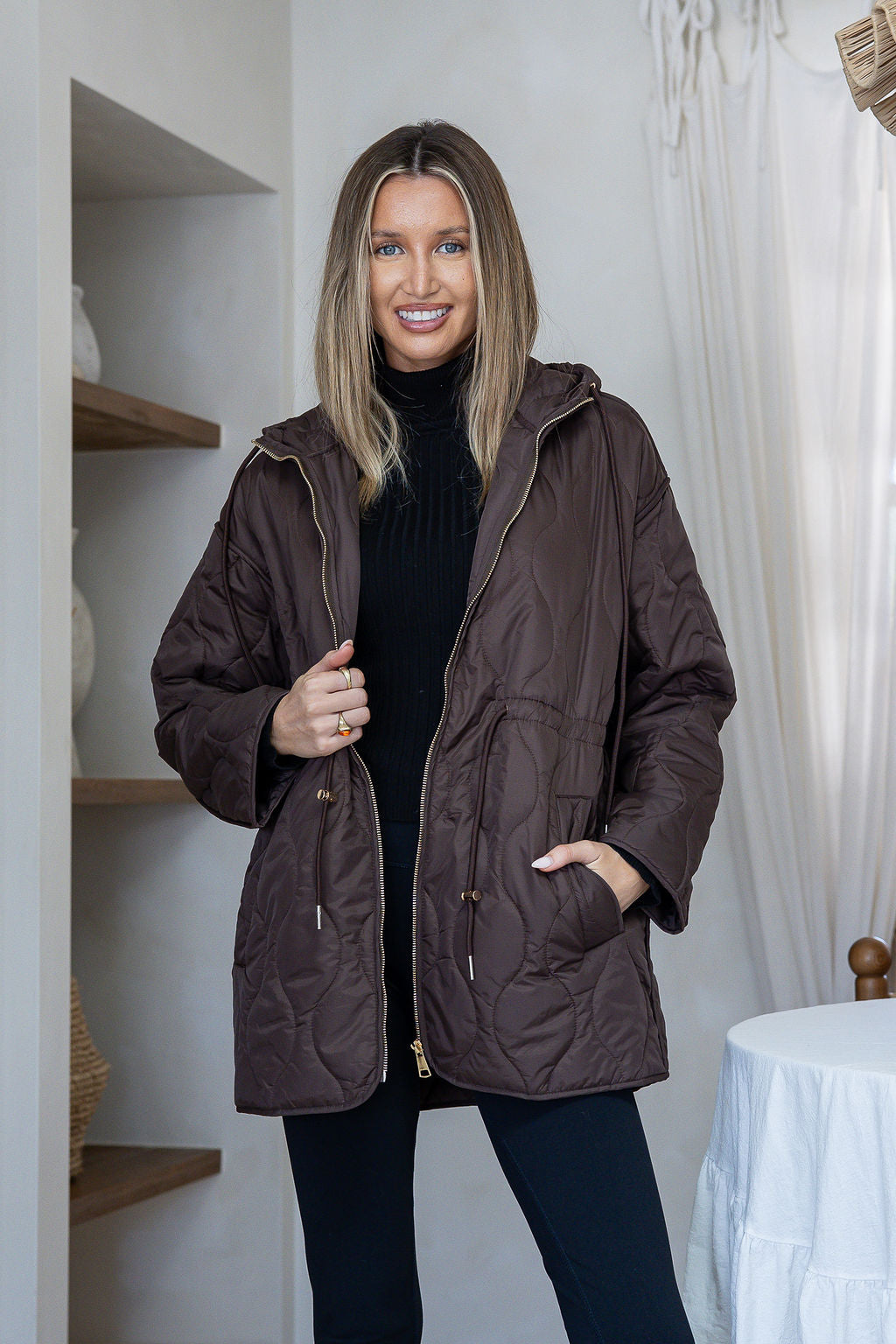 Quilted Drawstring Hooded Anorak - Chocolate