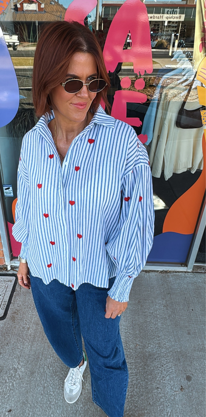 Heart Embroidery Shirt - Blue