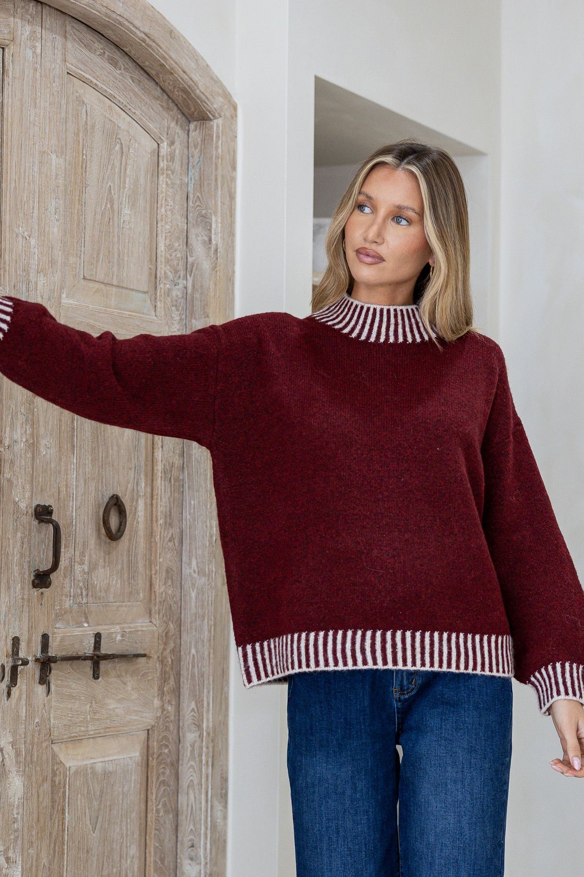 Tilly Blanket Stitch Knit - Wine/Latte