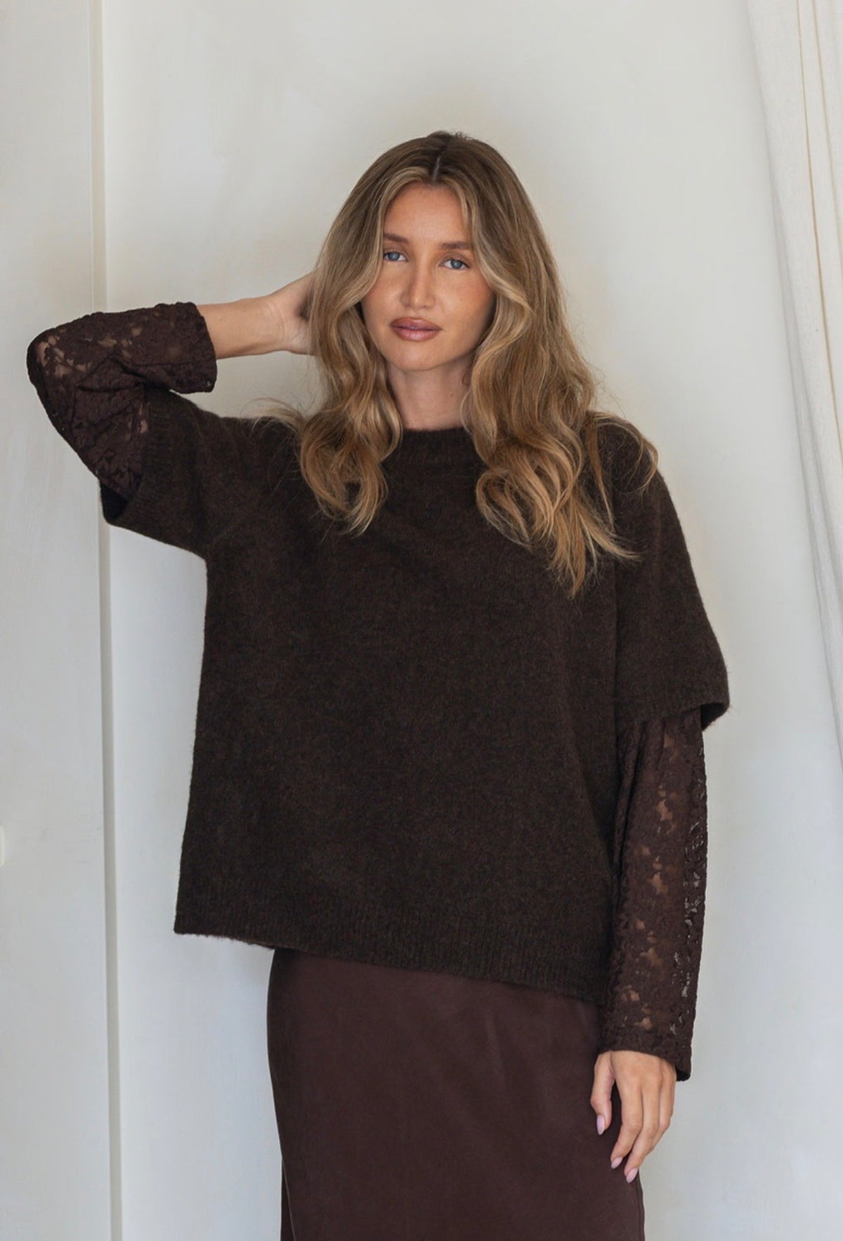 Lace Sleeve Overlay Knit - Chocolate