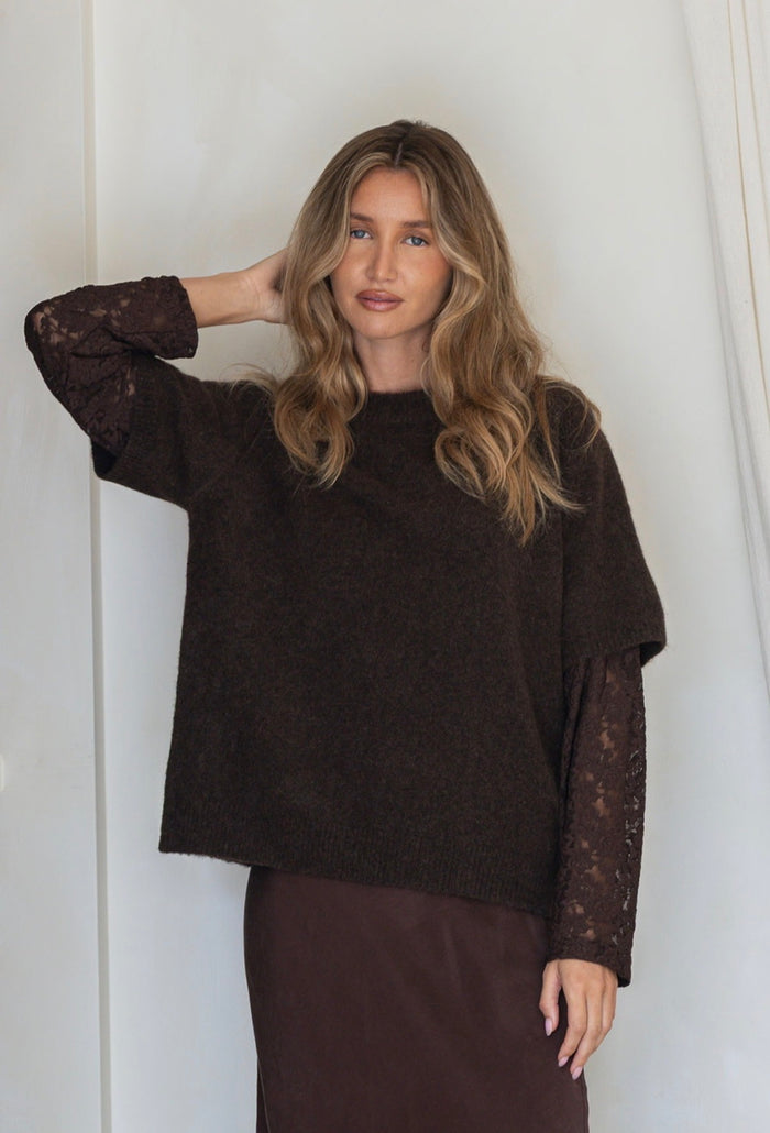 Lace Sleeve Overlay Knit - Chocolate
