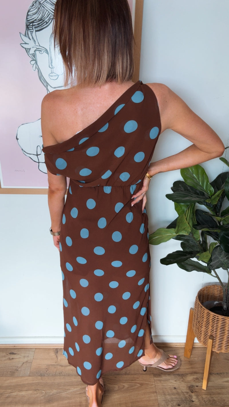 Chocolate/Blue Polka Dot Off Shoulder Maxi