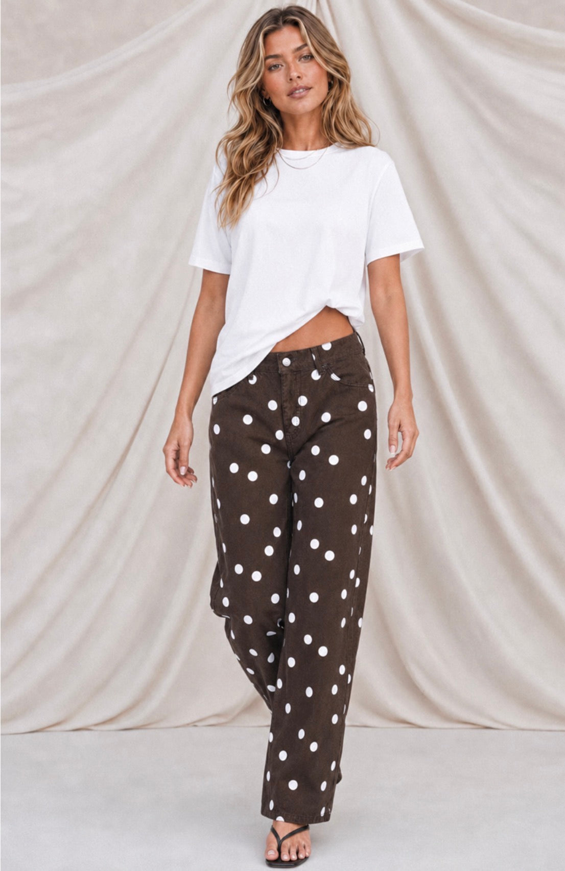 Polka Dot Denim Straight Leg Jeans - Chocolate/White