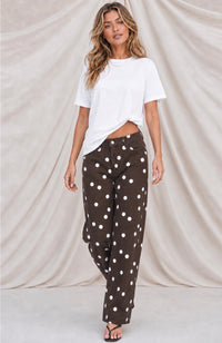 Polka Dot Denim Straight Leg Jeans - Chocolate/White