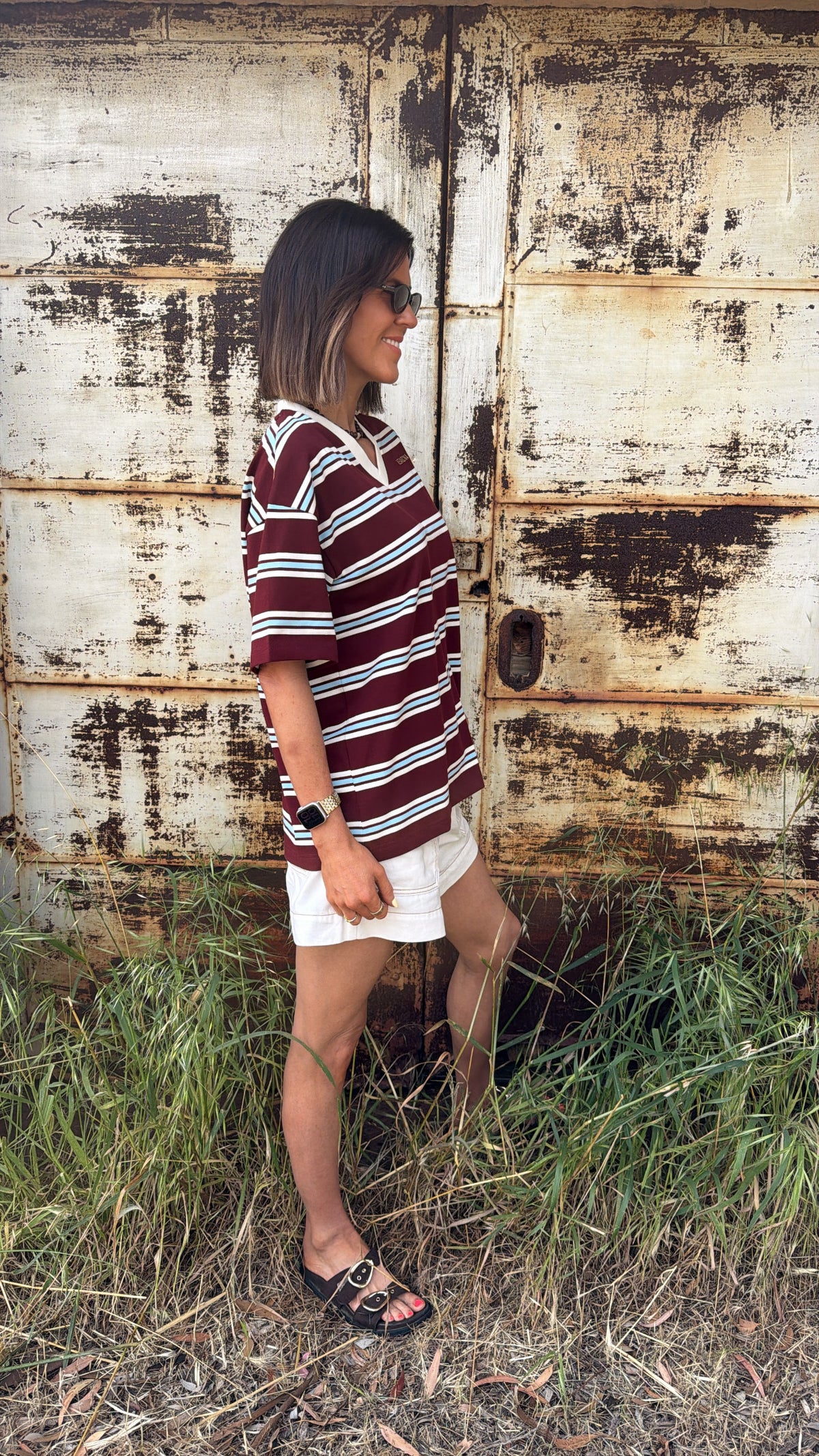 THE DRIFTER | V Tee - Cream Burgundy Stripe