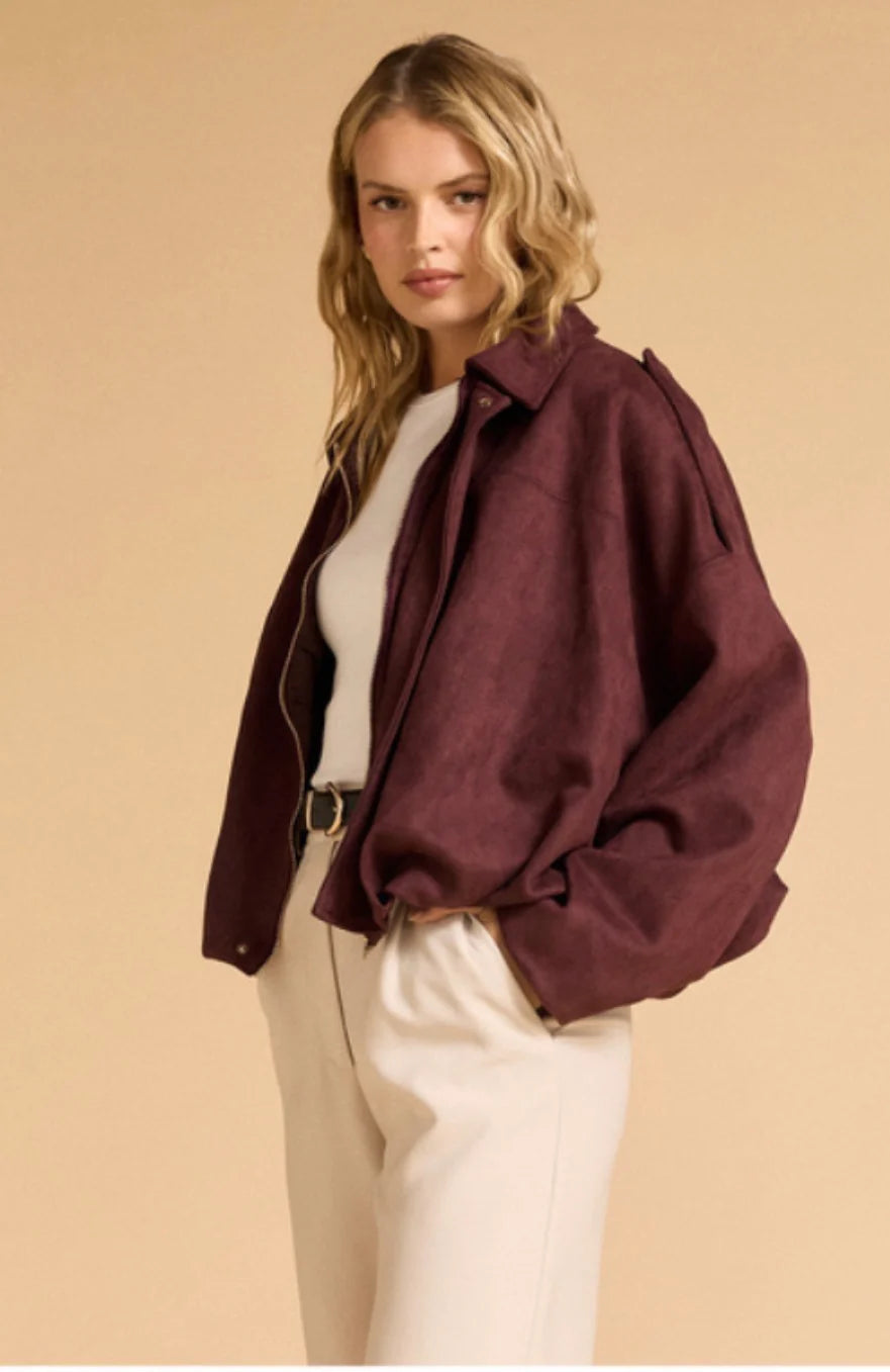 Faux Suede Bomber Jacket – Merlot