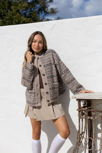 Fair Isle Funnel Neck Cardi - Warm Beige