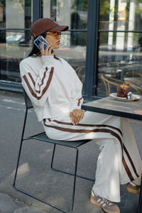 Sasha Sporty Slouchy Crew - Buff Chocolate Side Stripe