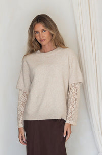 Lace Sleeve Overlay Knit - Latte