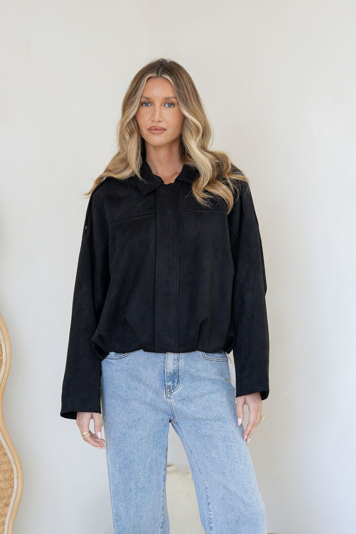 Suede Zip Gather Hem Bomber Jacket - Black