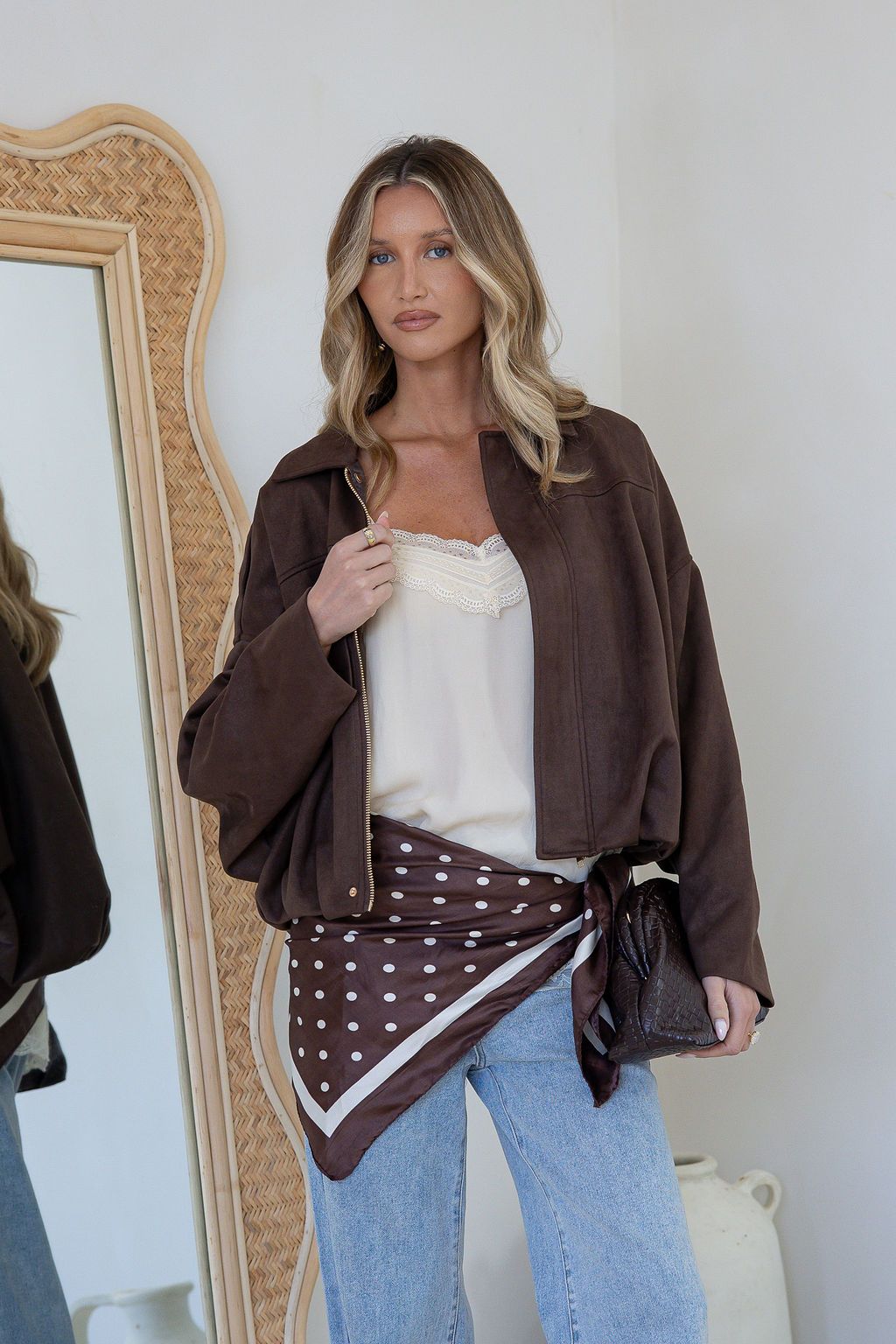 Suede Zip Gather Hem Bomber Jacket - Chocolate
