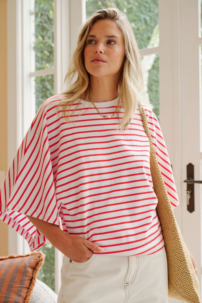 Lucy Relaxed Sleeve Tee - White/Heritage/Red Stripe