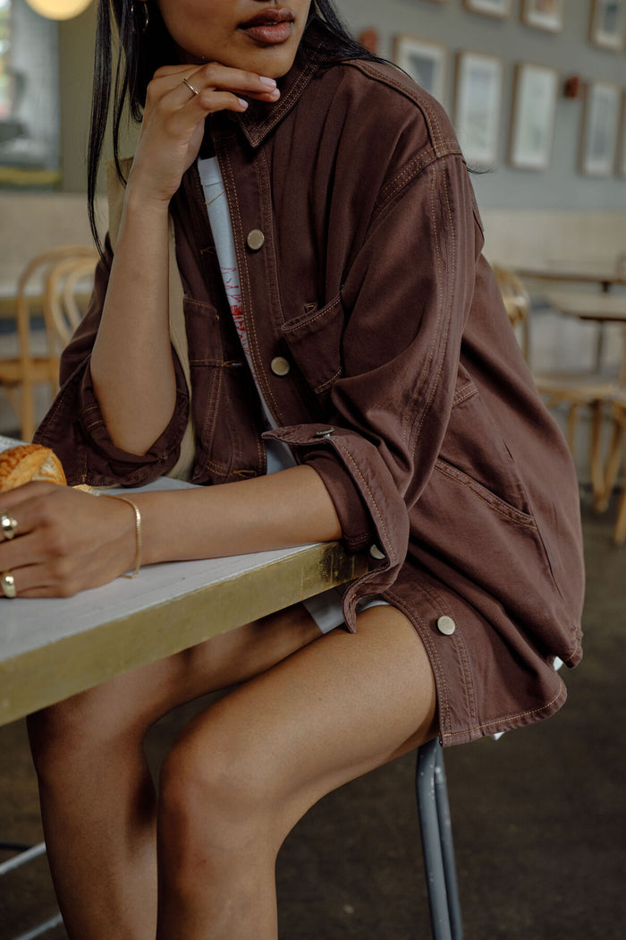 Bobbi Side Pocket Denim Shacket/Chocolate. Ceres Life
