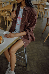Bobbi Side Pocket Denim Shacket/Chocolate. Ceres Life